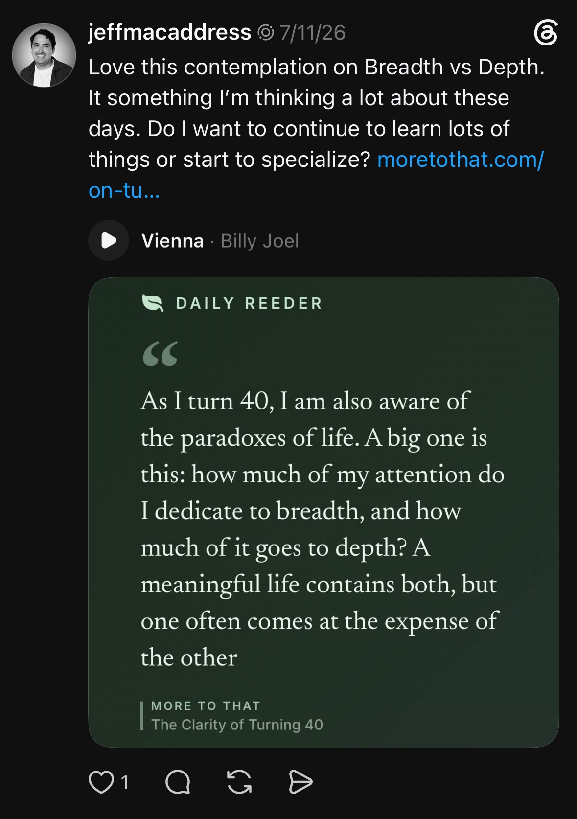 A Threads post with a Daily Reeder card attached. The card sets a highlighted passage from More To That in serif type, with the publication and article title underneath.