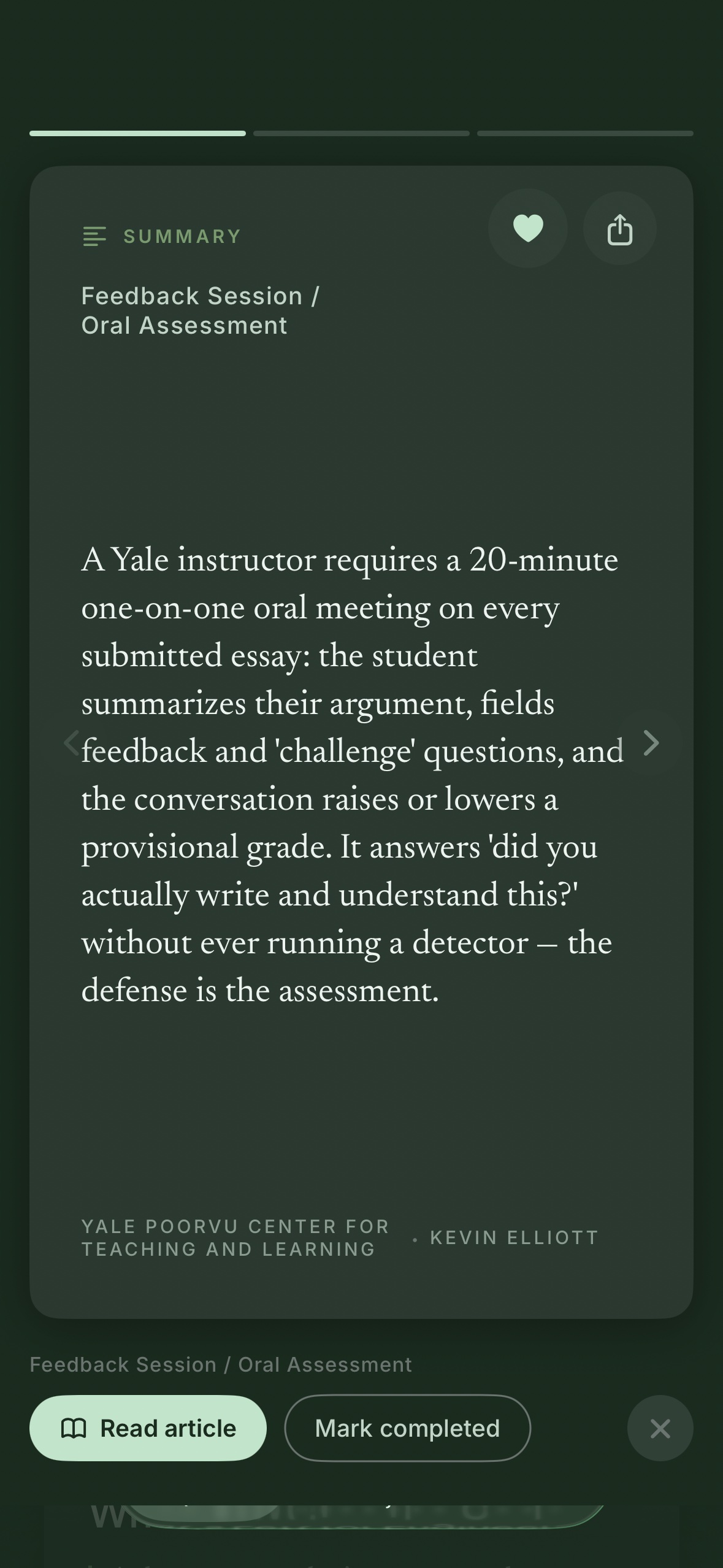 The summary card for one queued article on iPhone: a SUMMARY label, the article title, the written summary set in serif, the publication and author underneath, and Read article and Mark completed buttons below the card.