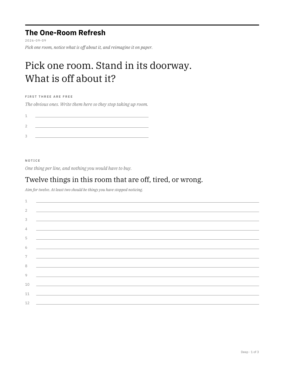 Page one of The One-Room Refresh. A large question asks you to stand in a room's doorway and name what is off about it. Three short lines are headed FIRST THREE ARE FREE, followed by twelve numbered lines asking for twelve things in the room that are off, tired, or wrong.