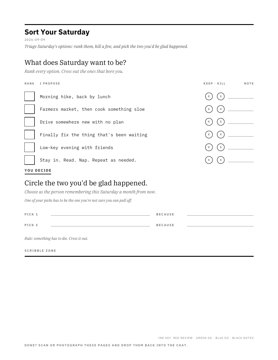 A printed sheet titled Sort Your Saturday. Six proposed options are set in monospace under an I PROPOSE column, each with a rank box and keep or kill circles. Below, a YOU DECIDE block asks you to circle the two you would be glad happened, with two pick lines and a because line each.